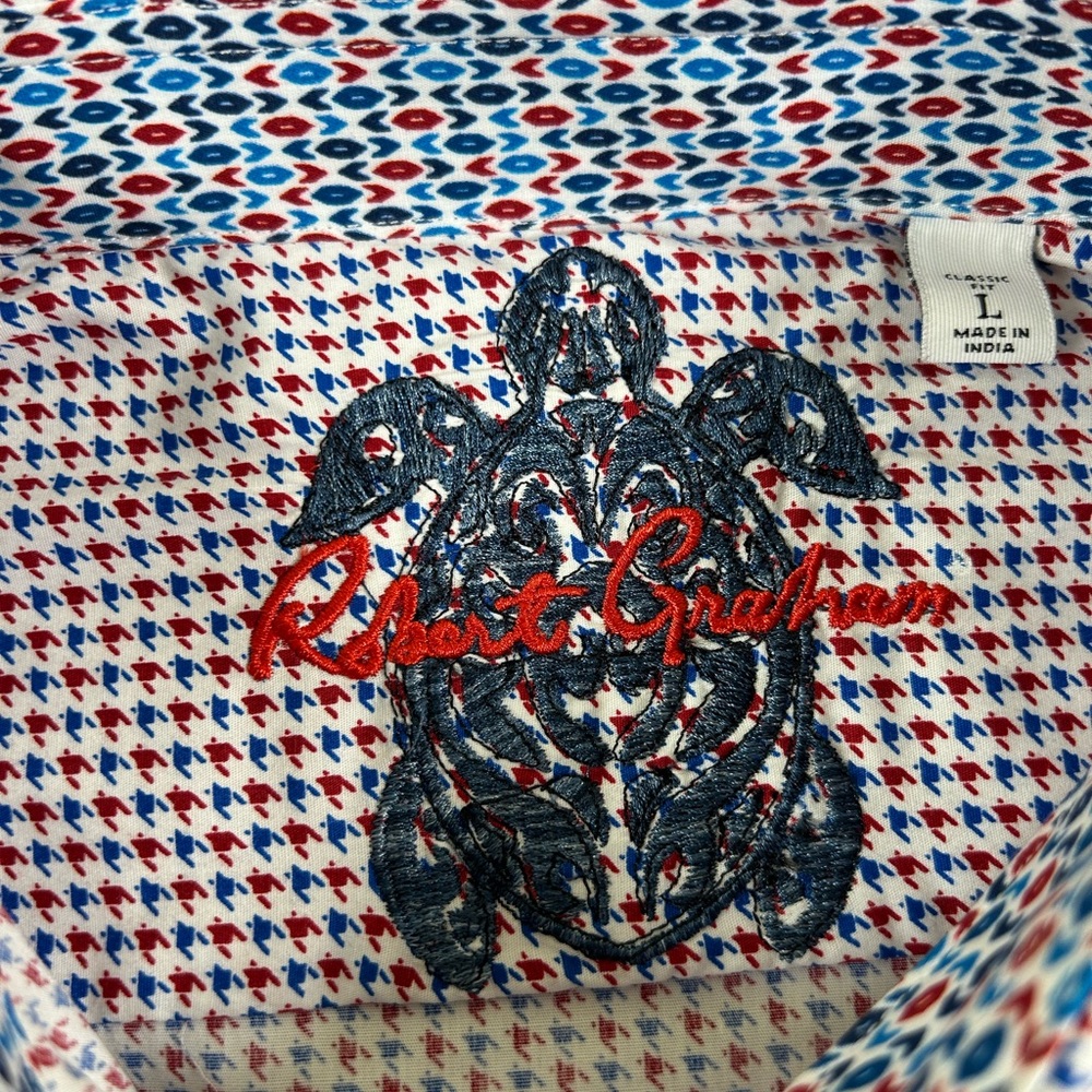 ROBERT GRAHAM NWT Breen Geometric Flip Cuff Button Down Shirt L‎ White Red Blue - Picture 3 of 13